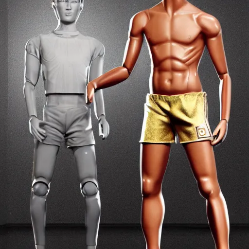 Image similar to a realistic detailed photo of a guy who is an attractive humanoid who is half robot and half humanoid, who is a male android, soccer players martin ødegaard, shiny skin, posing like a statue, blank stare, in a factory, on display, showing off his muscles, gold soccer shorts, side view, looking at each other mindlessly