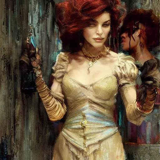 Image similar to a scrappy renaissance thief woman, looking around a corner, fantasy character portrait by gaston bussiere, craig mullins, greg rutkowski