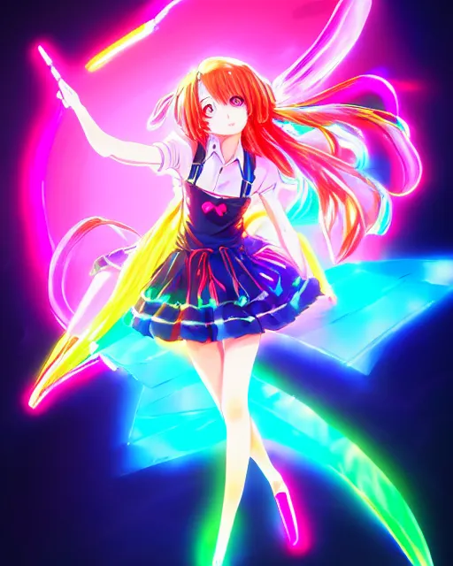 Prompt: anime style, vivid, expressive, full body, 4 k, painting, a cute magical girl idol with a long wavy colorful hair wearing a colorful dress, correct proportions, stunning, realistic light and shadow effects, neon lights, studio ghibly makoto shinkai yuji yamaguchi