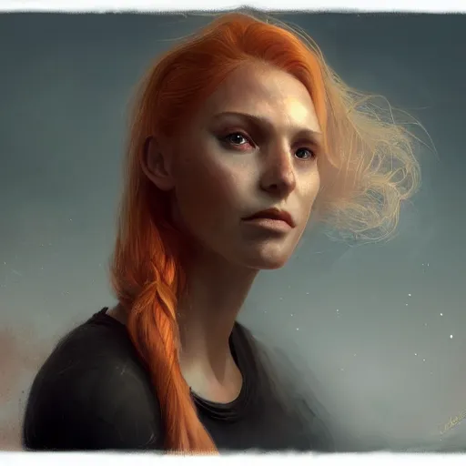 Image similar to portrait of woman with strawberry blond hair by bastien lecouffe - deharme and charles bowater, bangs, ponytail, greg rutkowski, black tank top, inspired by diablo concept art