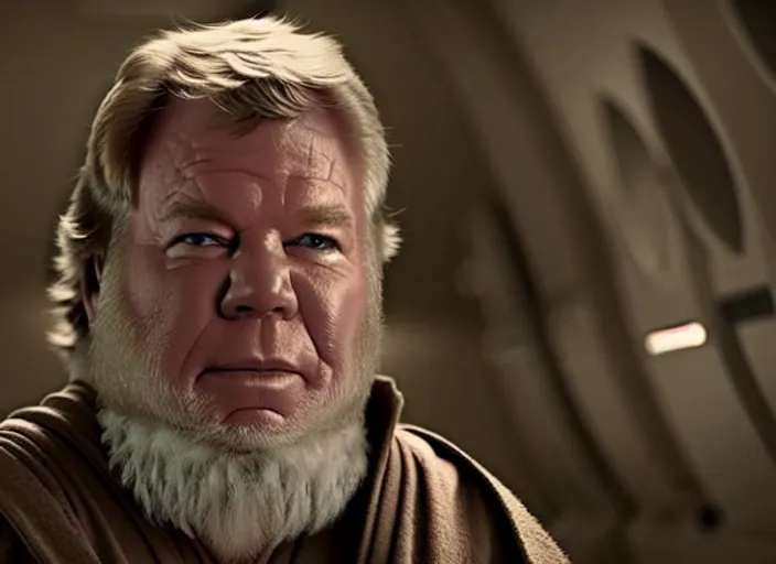 Image similar to william shatner as luke skywalker, bearded and wearing a robe, in star wars : the force awakens ( 2 0 1 5 ). movie still