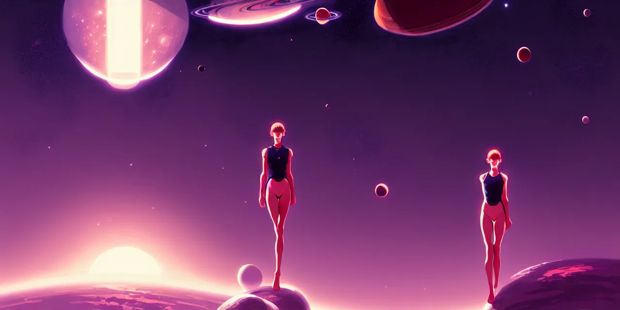 Prompt: girl in space, floating beside planets, symmetrical face and body, dynamic body pose, dynamic composition, detailed designs, digital painting, 4 k, by ilya kuvshinov, by greg rutkowski, atmospheric lighting