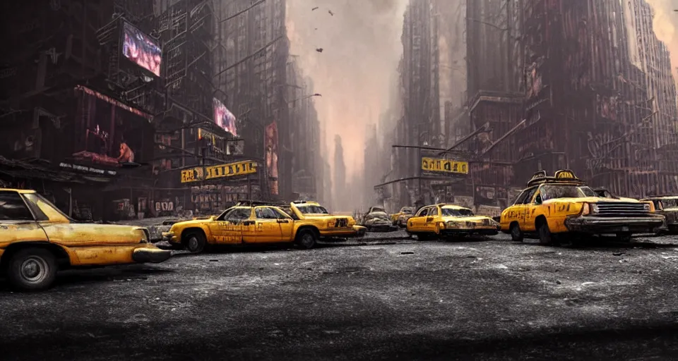 Prompt: A beautiful hyper realistic ultra detailed lifelike matte painting of close-up of a scruffy Timber Wolf standing in the middle of a New York City street at night, abandoned post-apocalyptic New York City with abandoned cars and yellow taxis on fire and crumbling buildings, unreal engine, deviantart, flickr, artstation, octane render, textured, colorful, extreme realistic detail, physically based rendering, pbr render, very detailed, volumetric lighting, detailed lighting, octane render, 4k, cinematic lighting, 8k resolution