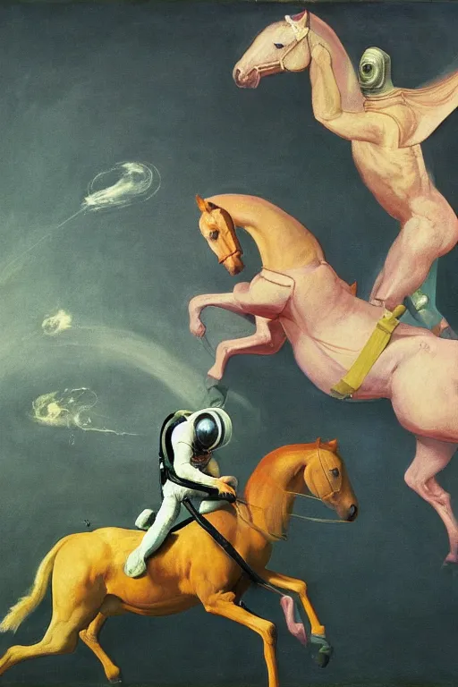 Image similar to a horse riding a centaur dressed as an astronaut, hauntingly surreal, highly detailed painting by francis bacon, edward hopper, adrian ghenie, gerhard richter, and james jean soft light 4 k,