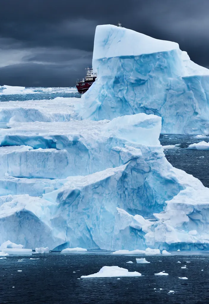 Prompt: ship being persecuted by a police ship over raging turbulent waters in antartica, icebergs in the background, hyper realistic, highly detailed, apocalyptic, intimidating lighting, raytracing, sharp focus, smooth