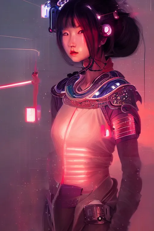 Image similar to portrait futuristic Samurai Girl, in future cyberpunk tokyo rooftop , ssci-fi, fantasy, intricate, very very beautiful, elegant, human anatomy, neon light, highly detailed, digital painting, artstation, concept art, smooth, sharp focus, illustration, art by tian zi and WLOP and alphonse mucha