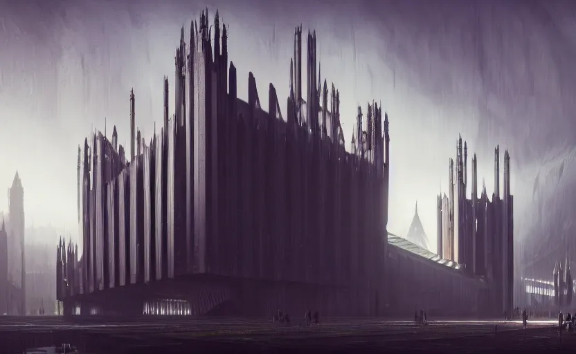 Image similar to exterior shot of utopian brutalist gothic stronghold architecture with cinematic lighting by zaha hadid peter zumthor and renzo piano and, darek zabrocki and greg ruthkowski, simon stalenhag, cinematic, holy place, paradise, scifi, futurism, atmospheric, concept art, artstation, trending on artstation