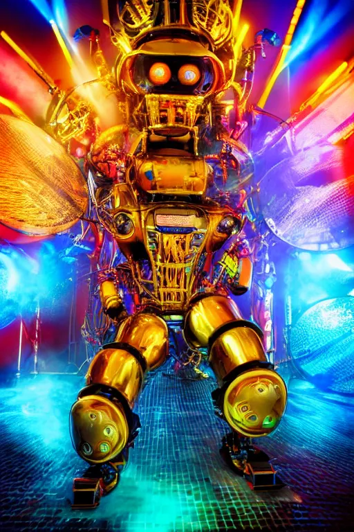 Image similar to portrait photo of a giant huge golden and blue metal futuristic humanoid steampunk robot drummer covered with multicolored big gears and tubes, a huge red drumset, eyes are glowing red lightbulbs, shiny crisp finish, 3 d render, 8 k, insaneley detailed, fluorescent colors, background is multicolored lasershow