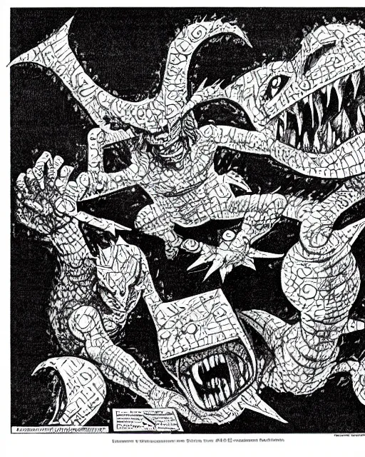 Prompt: The Pokemon MissingNo as a D&D monster, pen-and-ink illustration, etching, by Russ Nicholson, DAvid A Trampier, larry elmore, 1981, HQ scan, intricate details, high contrast