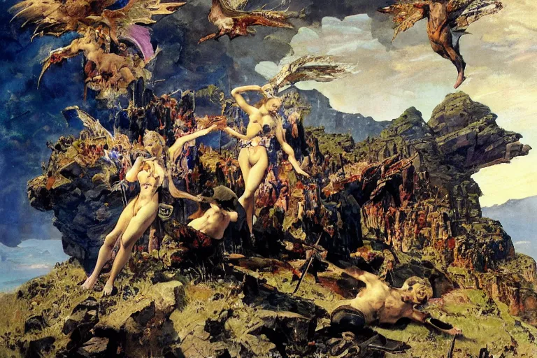 Prompt: a beautiful painting of a rocky landscape covered with bodies of medieval soldiers in shiny armors, dawn, by Frank Frazetta, by Georgia o keeffe, by Gustave Moreau