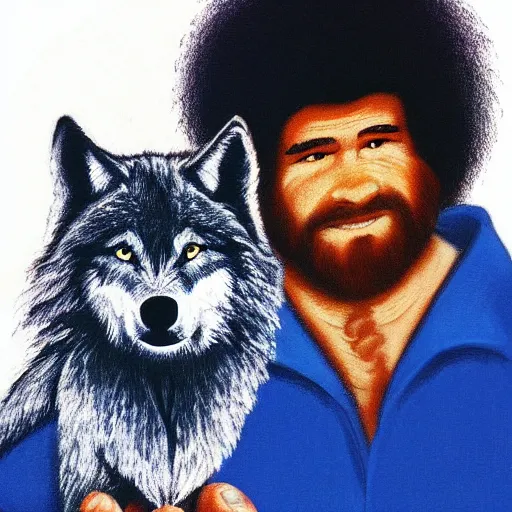 Prompt: Human-wolf, holding brush, artwork by Bob Ross,