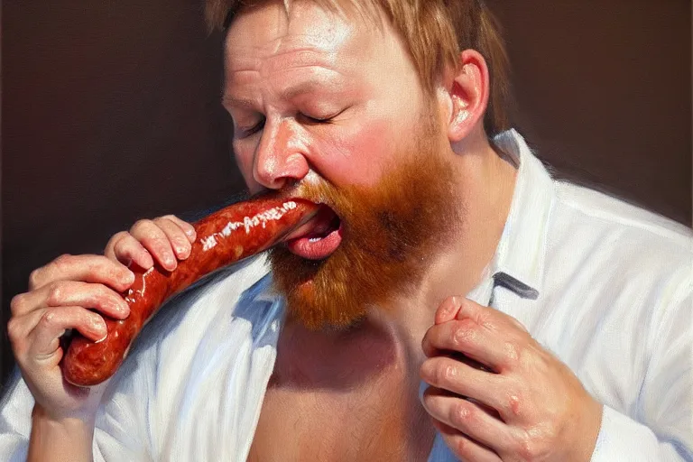 Prompt: ( ( a beautiful 8 k photorealistic masterpiece oil painting ) ( of ( a finnish man eating a sausage in seinajoki ) ) ) ( hyperrealism ) ( 1 6 k ) ( trending on artstation )