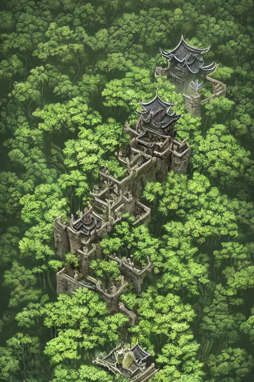 Image similar to giant ancient chinese castle in an forest with some ivy plants on the walls, by zhang zeduan, qiu ying, tang yin, cinematic, epic, dramatic lighting from above, dark, vines, fantasy, dust, unreal engine, octane, highly detailed, concept art, dark, super realistic