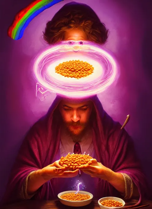 Prompt: portrait of a wizard eating baked beans and casting magical spells with rainbow energy, intricate, elegant, purple, glowing lights, highly detailed, digital painting, artstation, concept art, smooth, sharp focus, illustration, art by wlop, mars ravelo and greg rutkowski