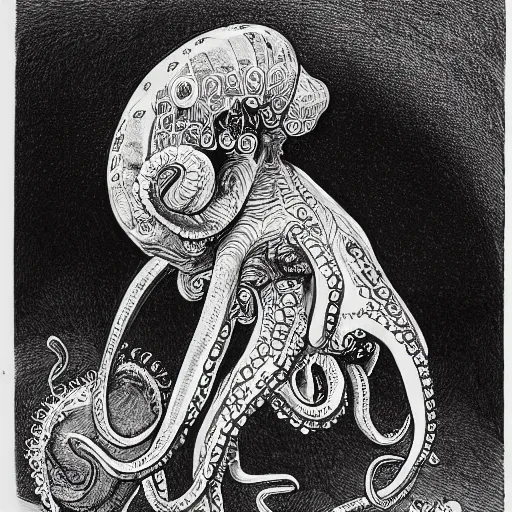 Image similar to a hyper-detailed pen drawing of an octopus on a dog on top of a gorilla