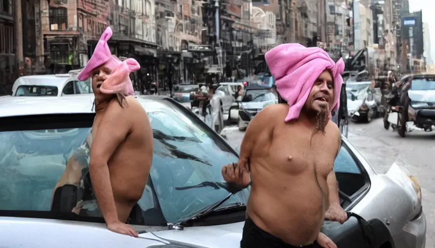 Image similar to an attractive, pig - nosed, bucktoothed woman hails a cab driven by a man with a towel on his head who is unshaven, dirty, and disheveled.