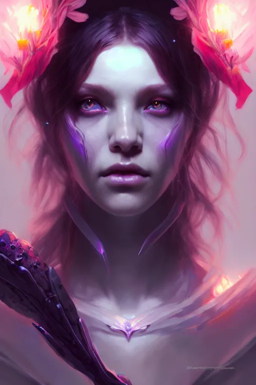 Image similar to beautiful necromancer girl, sorceress turning into flowers, three - dimensional rendering, hyperrealistic detailed portrait holding light and electricity, ruan jia, clap. scifi, fantasy, magic the gathering, overdetalized, octane rendering, concept art by artgerm, peter murbacher