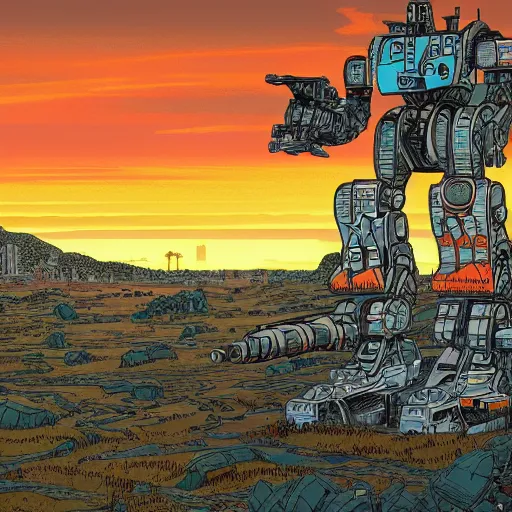 Prompt: hyper detailed comic illustration of a giant mechwarrior robot and the sunset in the distance, by Josan Gonzalez and Geof Darrow, highly detailed, 8k wallpaper