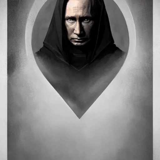 Image similar to portrait of Putin in a black cloak, glowing eyes, detailed face, highly detailed, cinematic lighting, digital art painting by greg rutkowski.