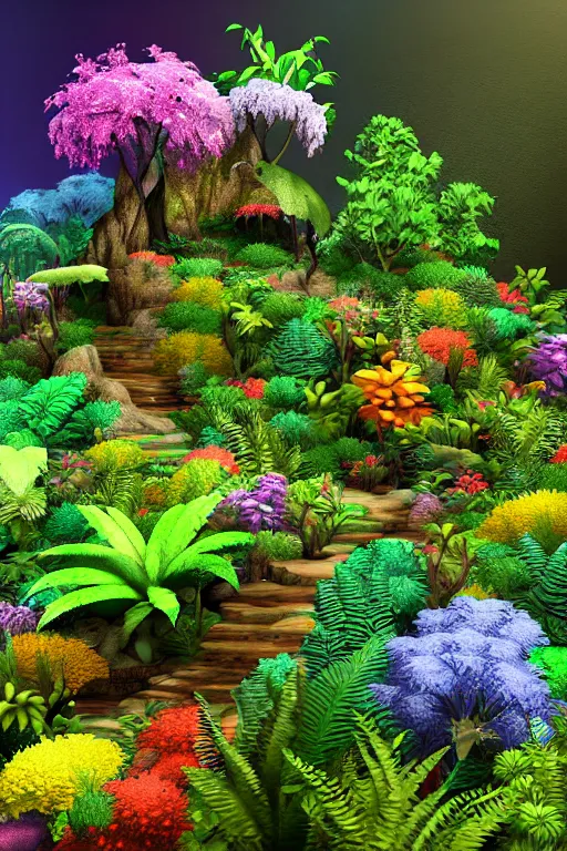 Prompt: in a cave with a miniature hyper - realistic garden of bright coloured rainbow flowers and ferns : 4, highly symmetrical, balanced, lightning clouds : 6, octane render, in the style of sahm : 3, hd, 4 k, ultra - realistic, in unreal engine