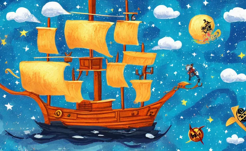 Prompt: pirate ship in space, storybook, gouache, flat, concept art, lush, pixel art