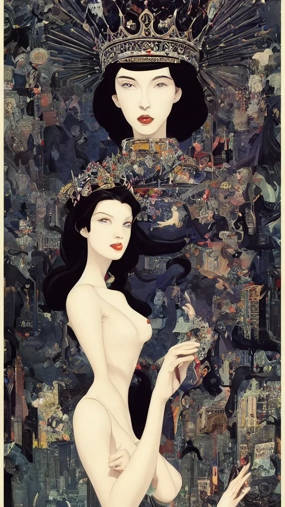 Image similar to a beautiful black haired woman with pale skin and a crown on her head sitted on an intricate metal throne new york circa 1 9 8 4 edward hopper and james gilleard, surreal, open ceiling, highly detailed, airbrush, ilya kuvshinov, wlop, stanley artgerm, very coherent, art by takato yamamoto and james jean