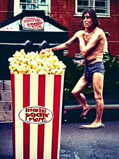 Image similar to “ iggy pop is selling popcorn at the popcorn booth in the street, movie screenshot, cinematic, epic, dramatic ”