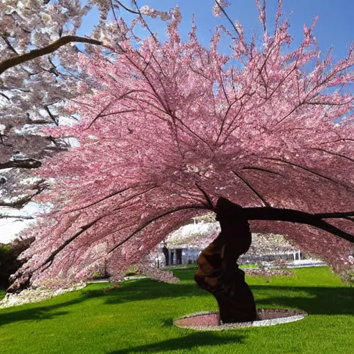 Prompt: cherry blossom tree made of blown glass, glittering glass sculpture of cherry blossom tree