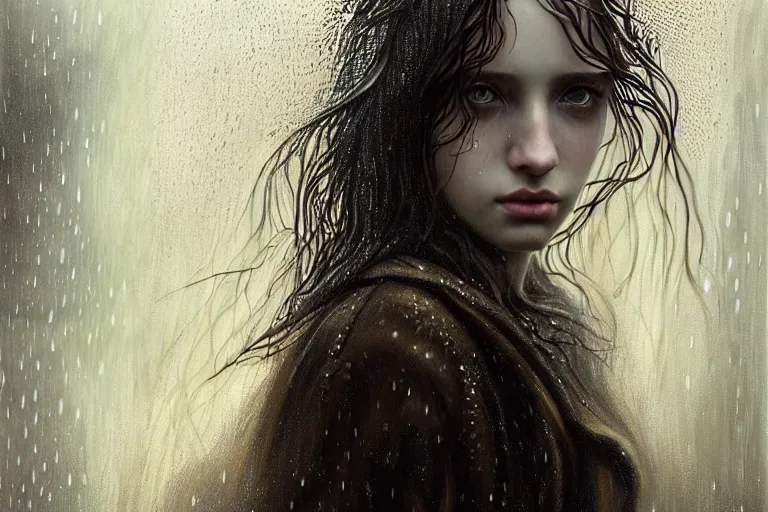 Image similar to portrait of a girl in the rain with wet hair and face, fantasy, intricate, elegant, dramatic lighting, emotionally evoking symbolic metaphor, highly detailed, lifelike, photorealistic, digital painting, artstation, concept art, smooth, sharp focus, illustration, art by John Collier and Albert Aublet and Krenz Cushart and Artem Demura and Alphonse Mucha