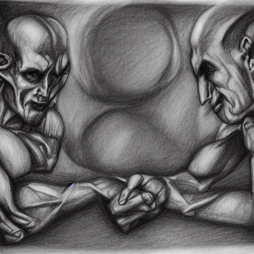 Prompt: god and the devil arm wrestling to see who wins the souls, pencil sketch