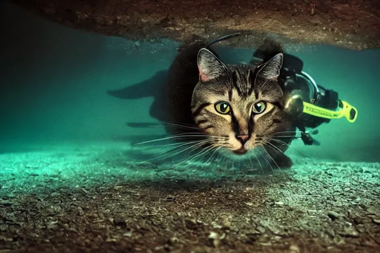 Prompt: a cat dressed as a scuba diver swimming underwater, photo-realistic low lighting, creepy, vast, shot by a camera,