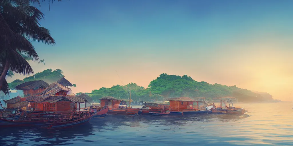 Image similar to pulau indah town, boat in foreground, early morning, detailed matte painting, low angle view, telephoto lens, bokeh, studio ghibli, artstation