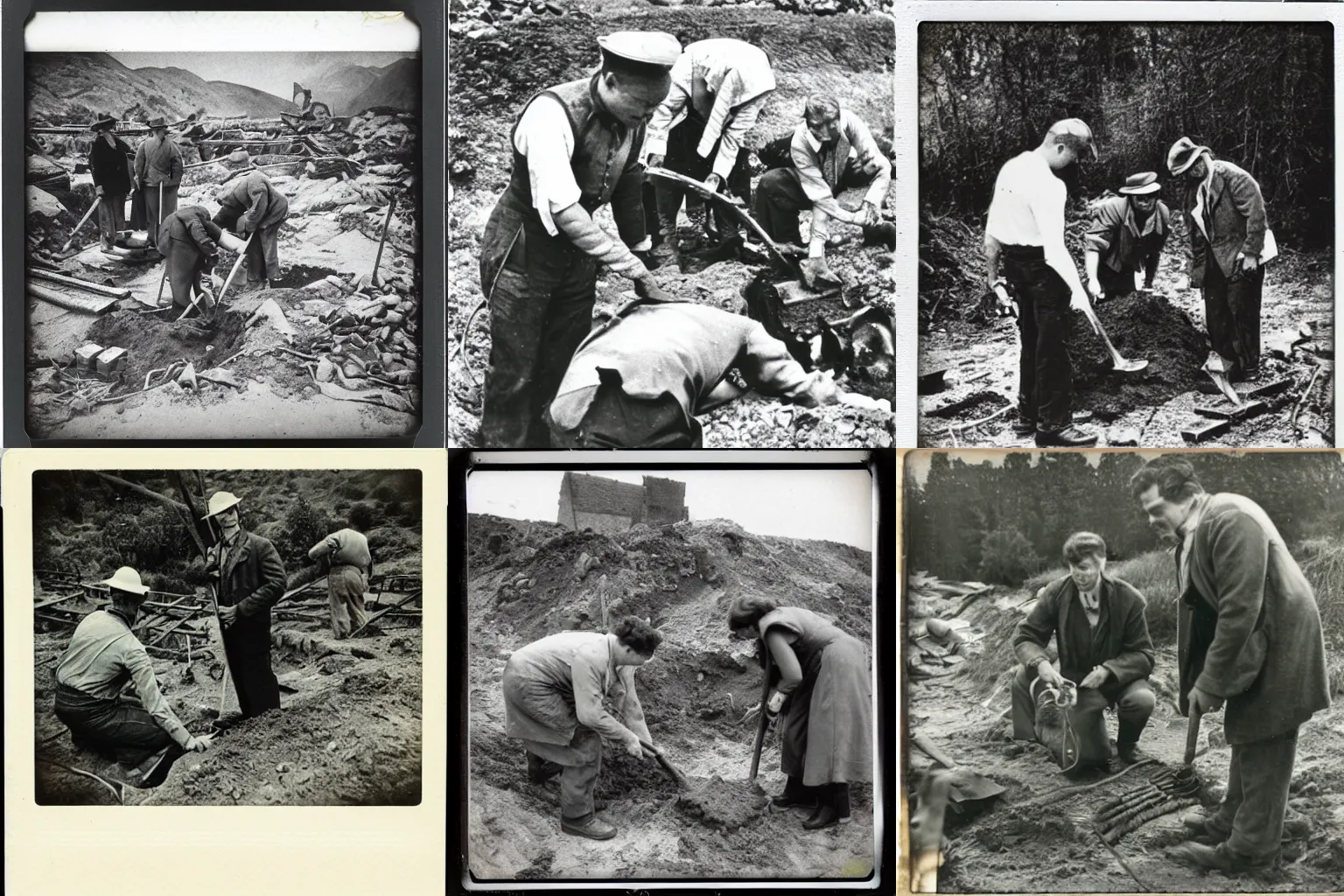 Prompt: 1950s polaroid photo of archaeologists digging up hagrid