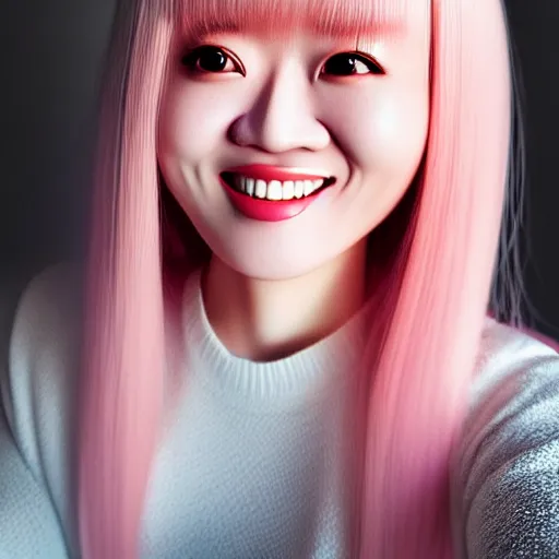 Image similar to beautiful hyperrealism selfie of nikki from shining nikki, a cute 3 d young woman smiling sofly, long light pink hair and full bangs, flushed face, small heart - shaped face, amber eyes, chinese heritage, golden hour, 8 k, instagram