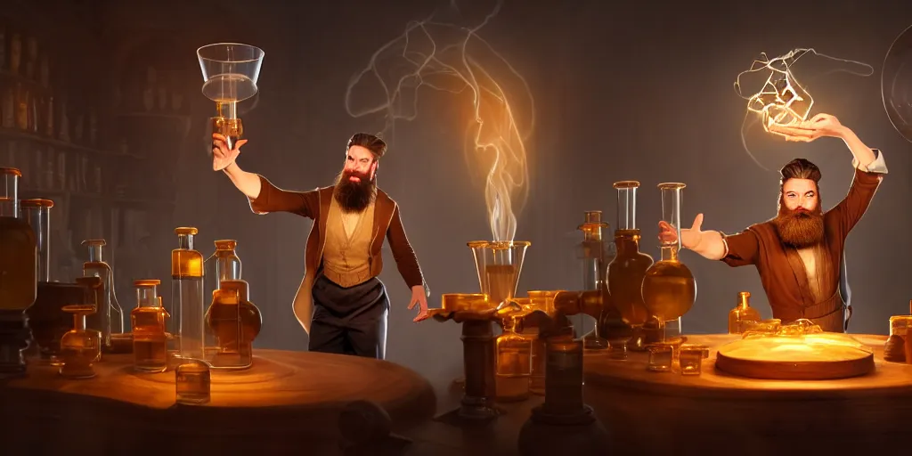 Image similar to a handsome bearded caucasian male sorcerer with brown hair he is casting a spell with flowing energy, he is in a alchemist lab filled with beakers and equipment, neutral pose, epic composition, 4 k, light rays, by dave melvin 3. 0 | dan luvisi 1. 0 | gilles beloeil 2. 5