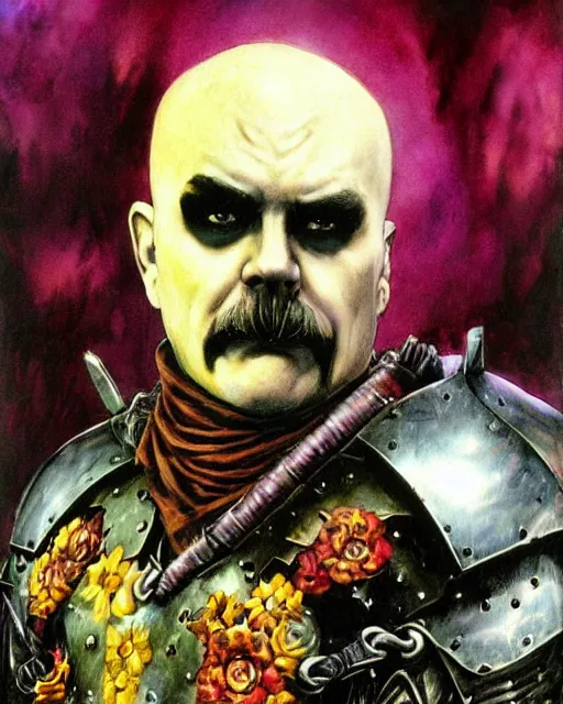 Prompt: portrait of a skinny punk goth wilford brimley wearing armor by simon bisley, john blance, frank frazetta, fantasy, thief warrior, colorful flowers floral