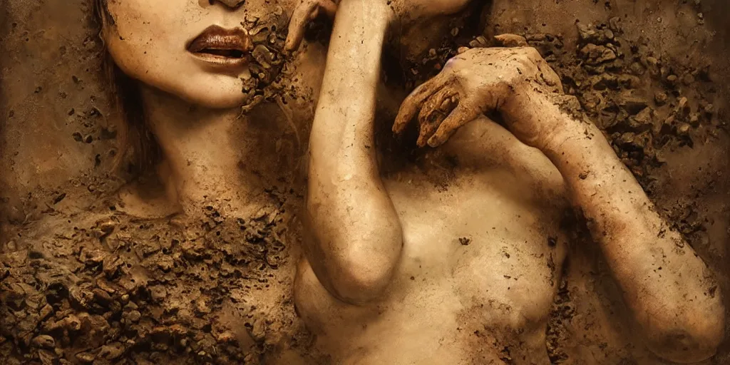 Image similar to highly detailed photography of a woman made of rust clay, dressed in rocks, hand gesture, sharp focus, dust particles, dirt, dramatic scene, aesthetic, dynamic lighting, elegant, harmony, masterpiece, by roberto ferri, blue background, high quality, spatula