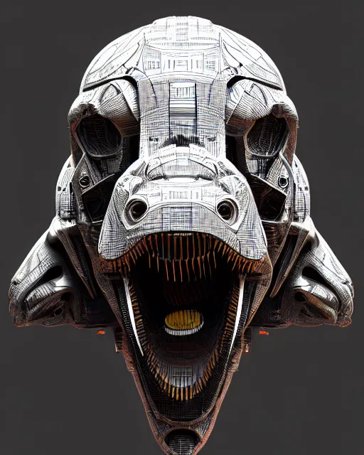 Image similar to mechanical robot trex transformer dinosaur head, bold line symmetrical illustration by peter gric, hr giger, kim jung gi, joe fenton, scifi, screen print, art station, zbrush, sharp, high contrast, ultrafine hyper detailed,