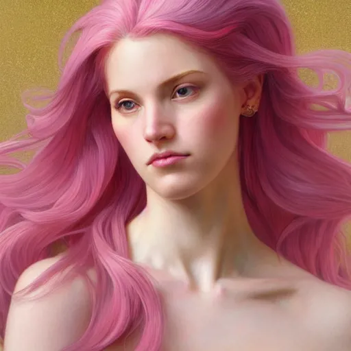 Image similar to perfectly-centered-Portrait of a pink haired Goddess, The Perfect Human Female Specimen, intricate, elegant, super highly detailed, professional digital painting, artstation, concept art, smooth, sharp focus, no blur, no dof, extreme illustration, Unreal Engine 5, 8K, art by artgerm and greg rutkowski and alphonse mucha and loish and WLOP
