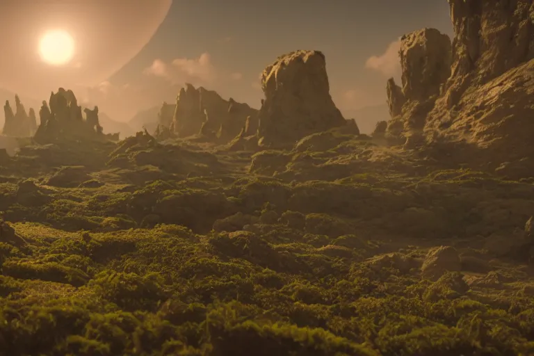 Image similar to Landscape of a beautiful alien world. Cinematic lighting. Photorealism.