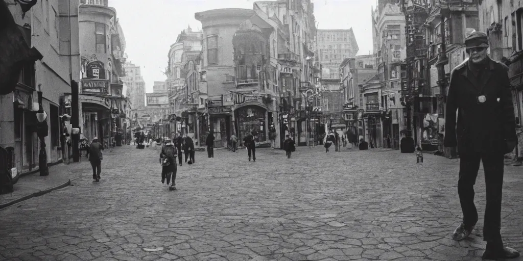 Prompt: daylight photo of walking on a street in a city on the moon