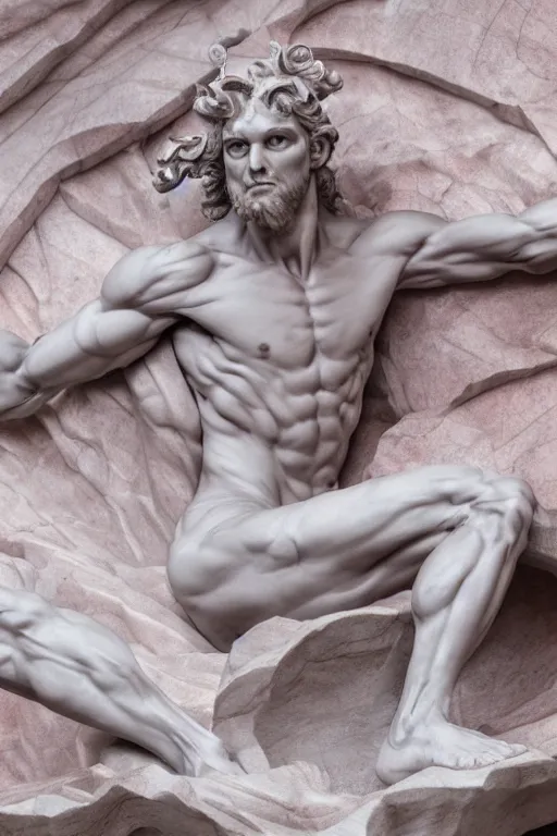 Image similar to epic and dramatic view of incubus statue made in carrara pinkish marble showing cracks in his full body, realistic and ultra detailed, 8 k