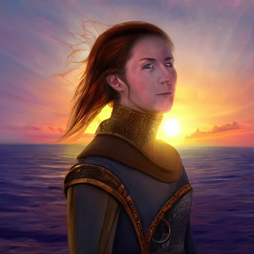 Prompt: portrait of a woman medieval ship pilot on a ship looking into the sunset on the sea, wearing breastplate, hair in side part, digital art, bokah, high fantasy art style