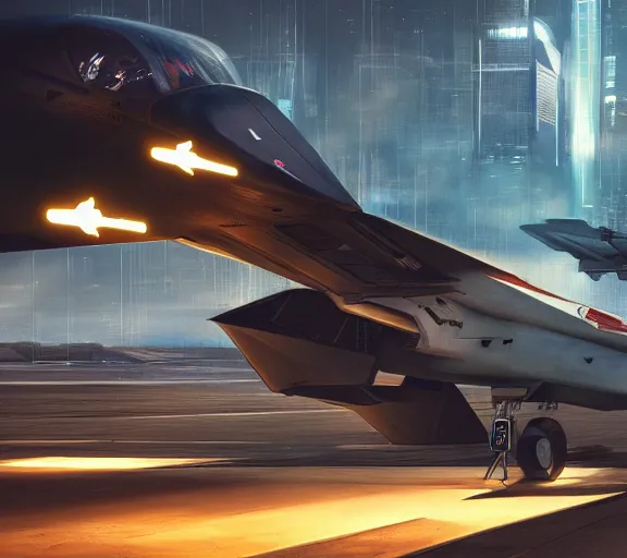 Image similar to fighter pilot stands beside futuristic sci fi fighter jet grounded at runway of cyberpunk city ,dark cinematic lighting , digital concept art