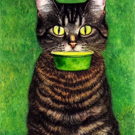 Prompt: portrait of a very fluffy dark tabby cat with green eyes eating cat food, happy cat, canned food, moonlight, full body, smiling cat, golden colors, flowers, intricate, elegant, highly detailed, smooth, sharp focus, illustration, art by gustav klimt