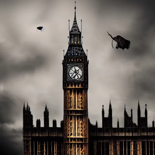 Prompt: A woman wearing a trench coat,a black hat and red high heels flying high in the sky above the tall buildings,the Big Ben is in background, top down perspective,gloomy lighting,creepy atmosphere,digital art , highly detailed , high contrast, beautiful lighting, award winning , trending on art station, 8k, photo realistic