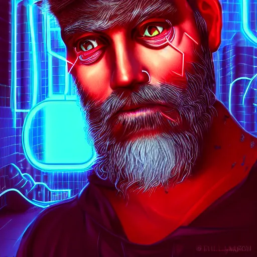 Prompt: hyperrealistic portrait cyberpunk man 4 0 old with large beard, red colored eyes, neon light, fantasy art, electronic face