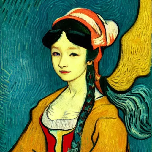 Prompt: An oil painting of Hatsune Miku at sunset by Vincent van Gogh