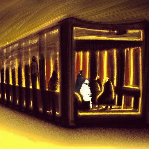 Prompt: some people waiting in bus stop in dark city night, detailed, high quality, high resolution, by deviantart