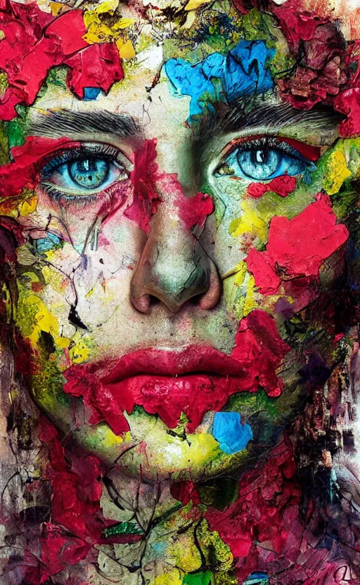 Image similar to illustration, gouache impasto of human face, blossoms, intricate, by artur bordalo